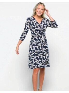 41 Hawthorn Navy Faux Wrap Midi Dress With Leaf Print & Waist Tie 1X NWT